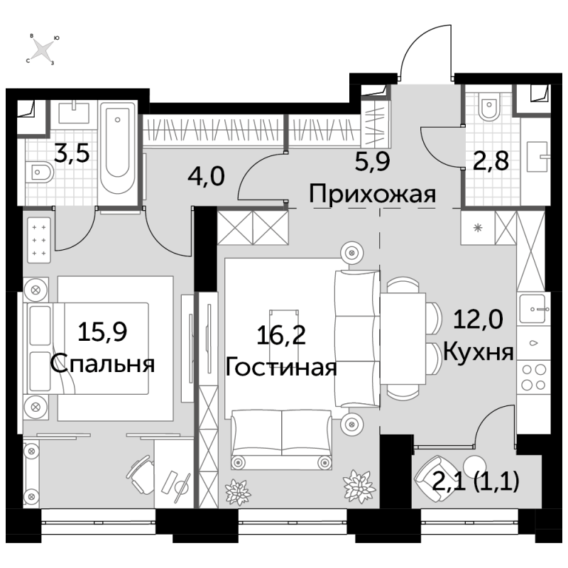 2 ккв (Евро) 61,4 м²