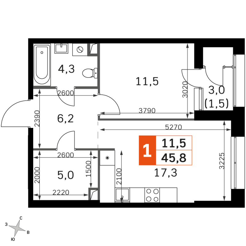 2 ккв (Евро) 45,8 м²