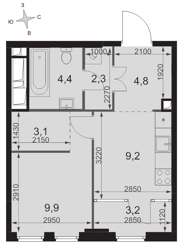 1 ккв 36,9 м²