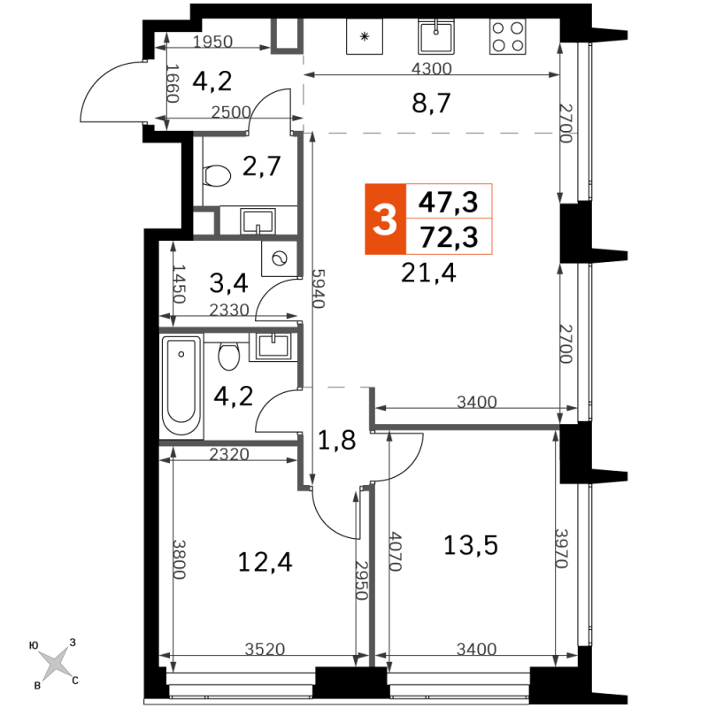 3 ккв (Евро) 72,3 м²