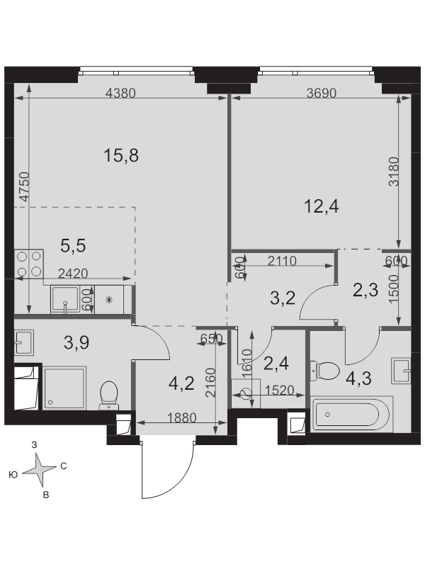 2 ккв (Евро) 54 м²