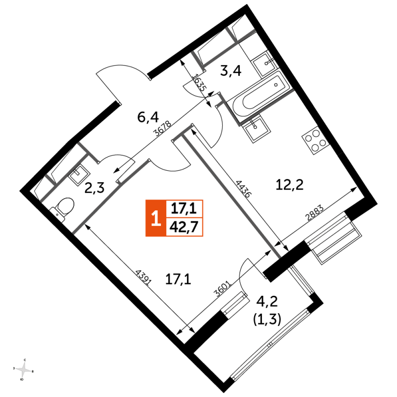 1 ккв 42,7 м²