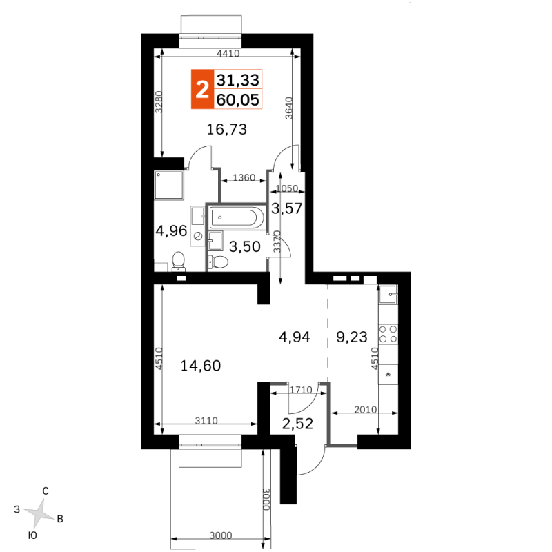 2 ккв (Евро) 60,1 м²