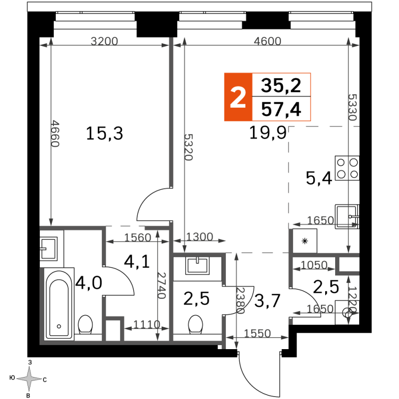 2 ккв (Евро) 57,4 м²