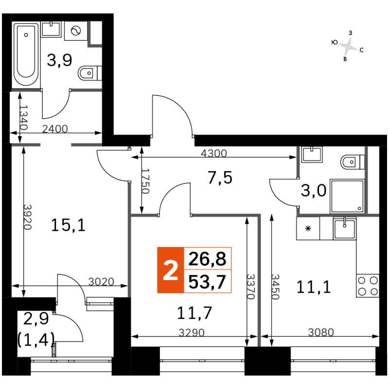 2 ккв 53,6 м²