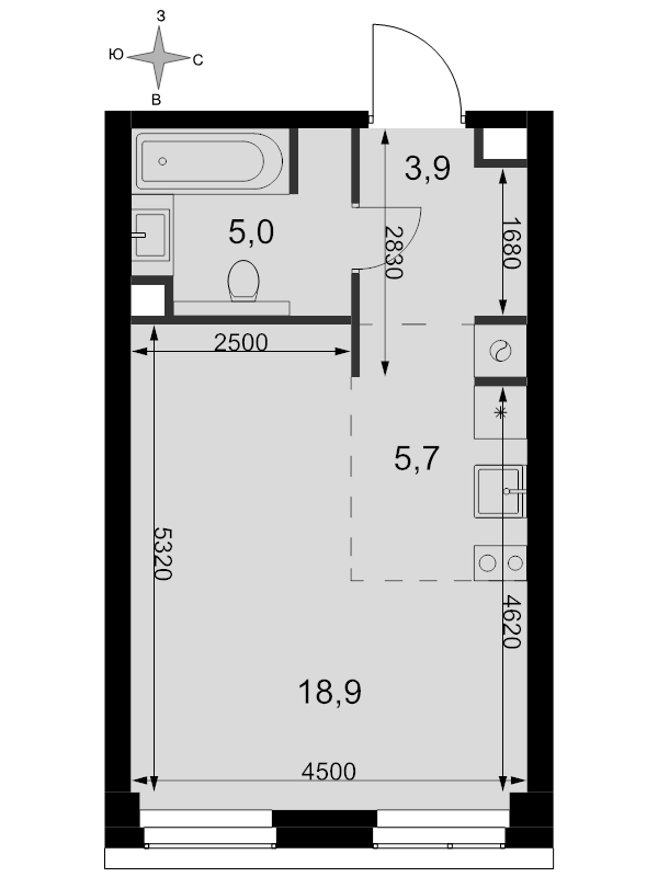 Студия 33,5 м²