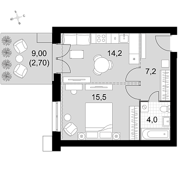 1 ккв 43,6 м²