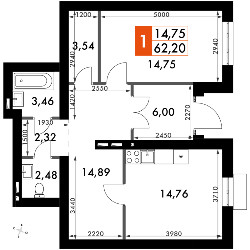 1 ккв 63,9 м²