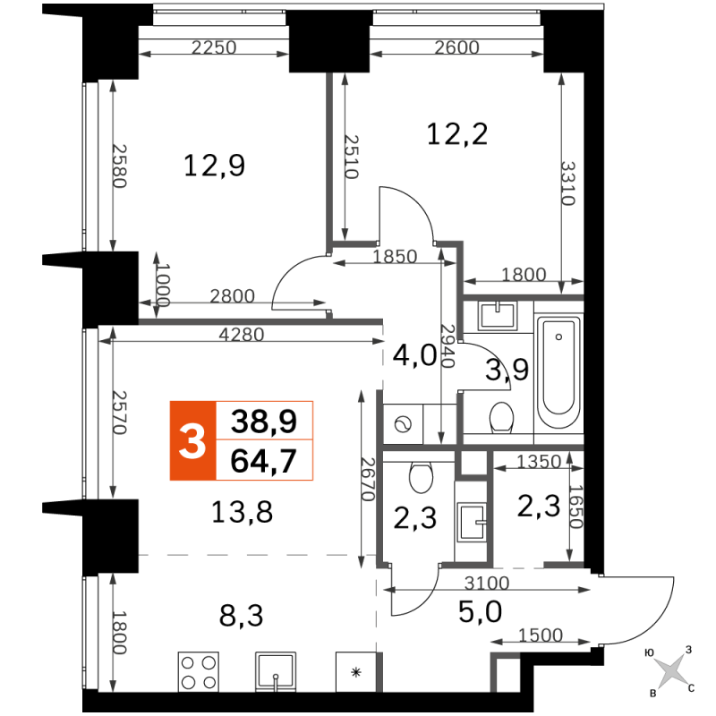 3 ккв (Евро) 64,7 м²