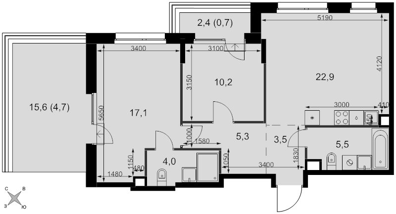 3 ккв (Евро) 73,9 м²