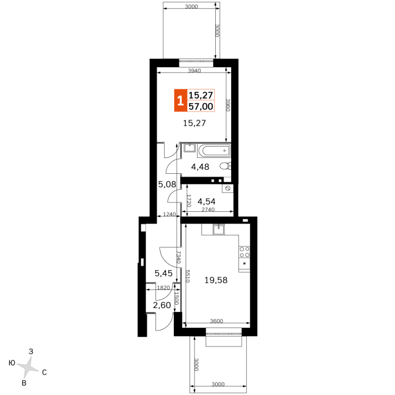 2 ккв (Евро) 57 м²