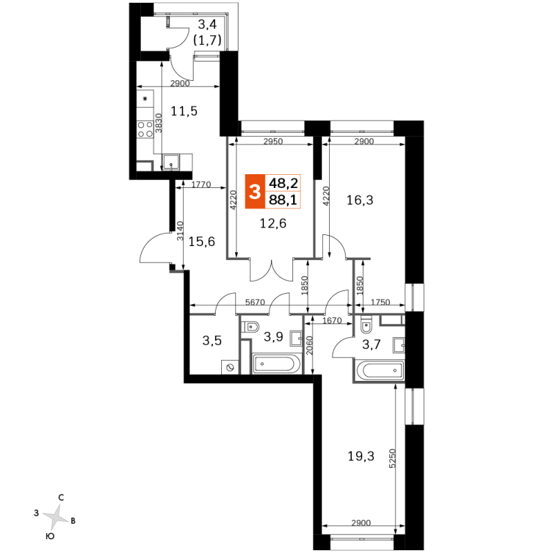 3 ккв 87,4 м²
