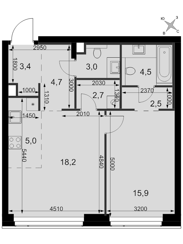 2 ккв (Евро) 59,9 м²
