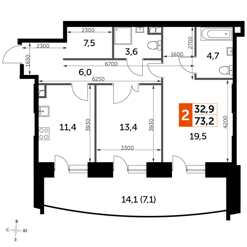 2 ккв 73,2 м²