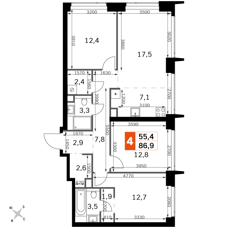 4 ккв (Евро) 86,9 м²