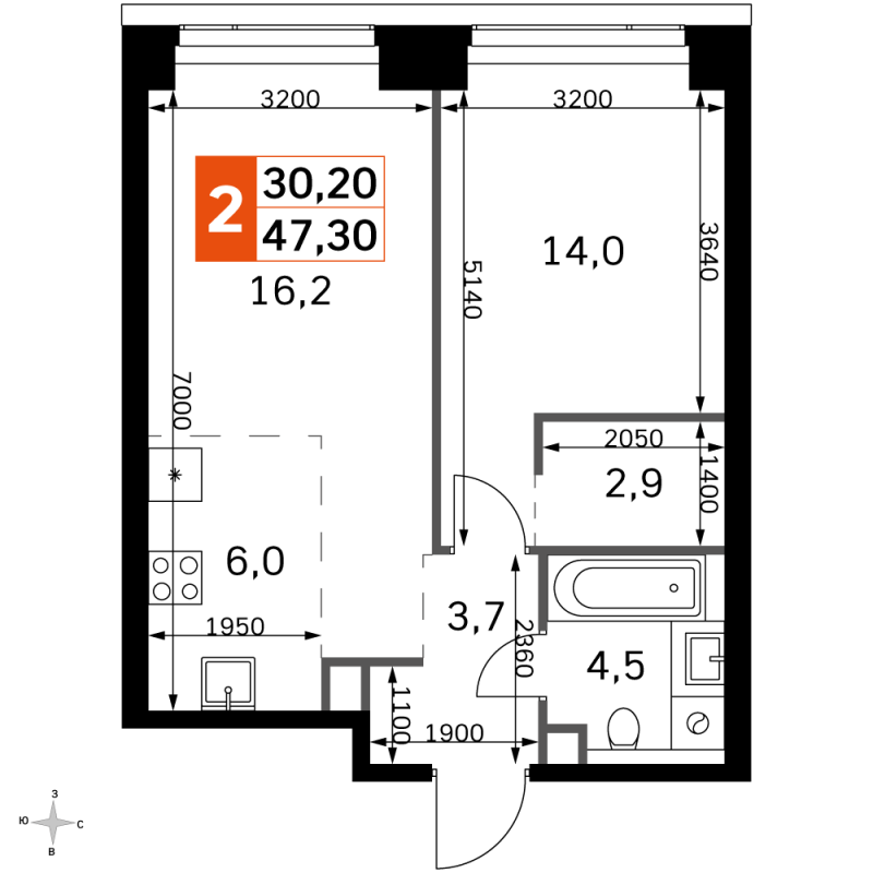 2 ккв (Евро) 47,3 м²