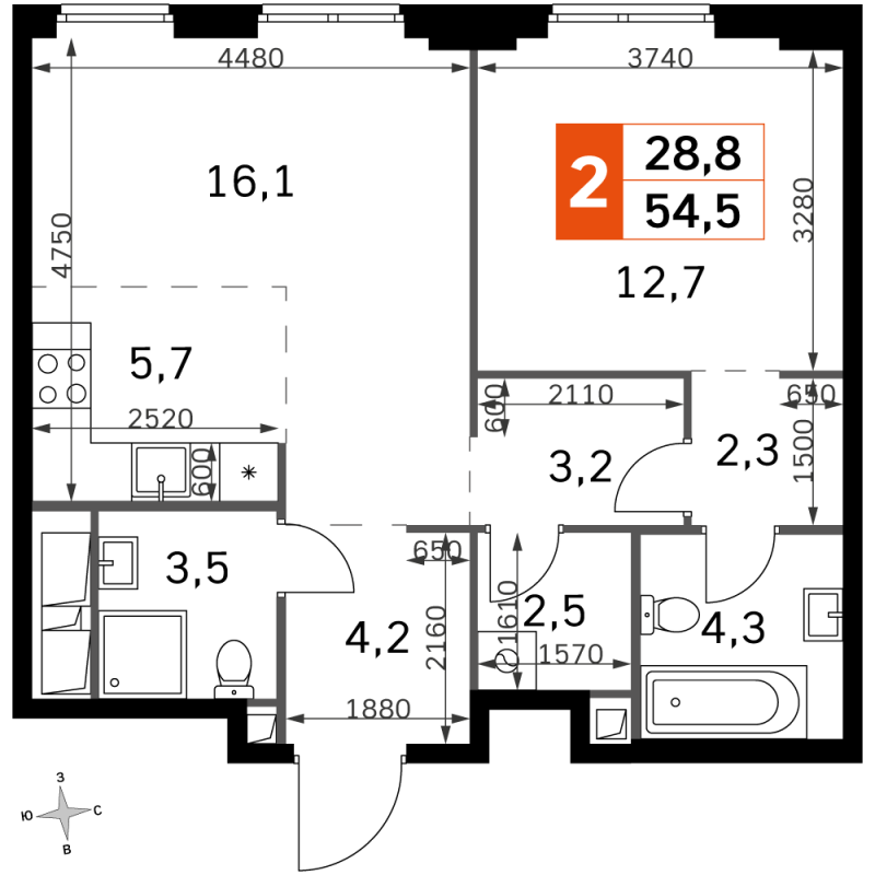 2 ккв (Евро) 54,5 м²
