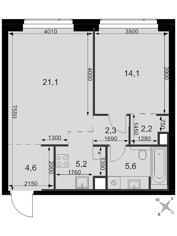 2 ккв (Евро) 55,1 м²