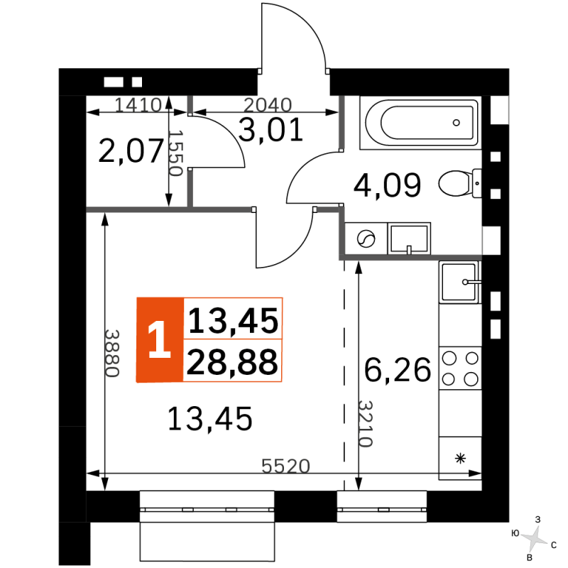 Студия 28,9 м²