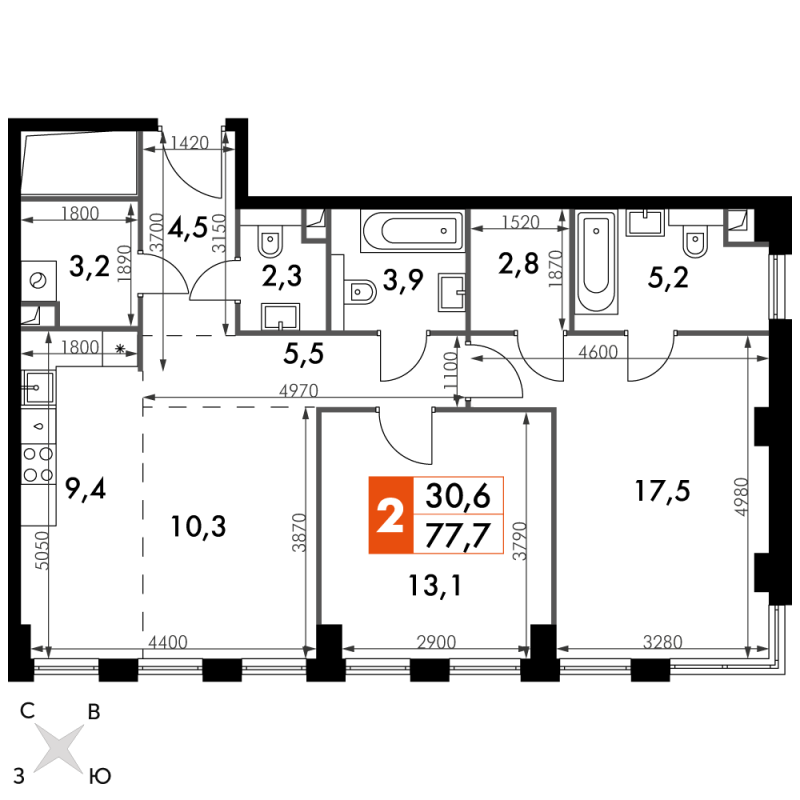 3 ккв (Евро) 77,7 м²