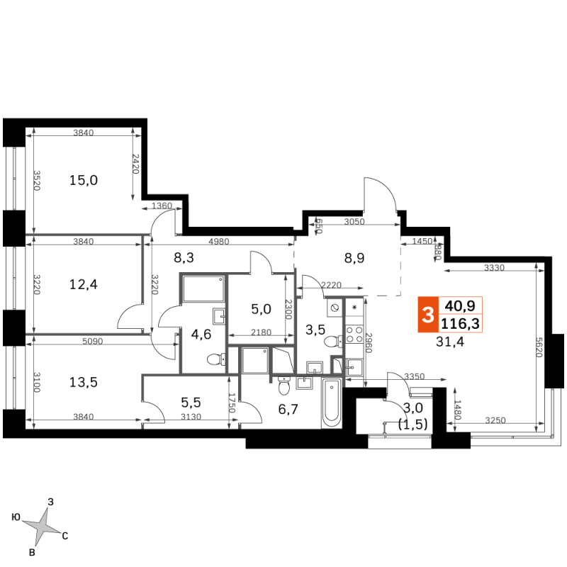 4 ккв (Евро) 116,3 м²