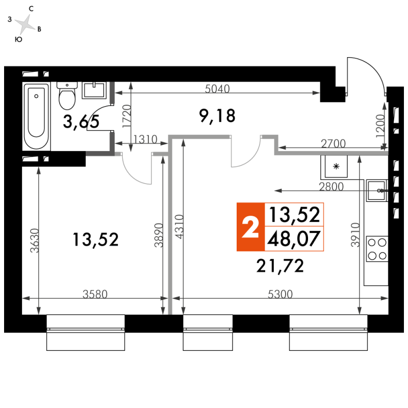 2 ккв (Евро) 48,6 м²