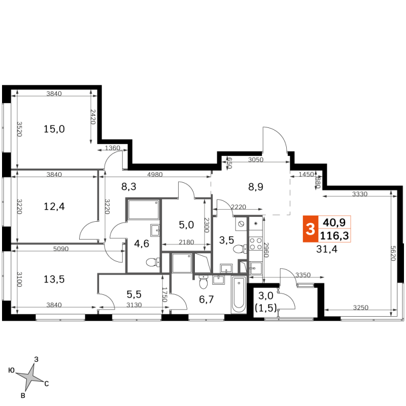 4 ккв (Евро) 116,3 м²