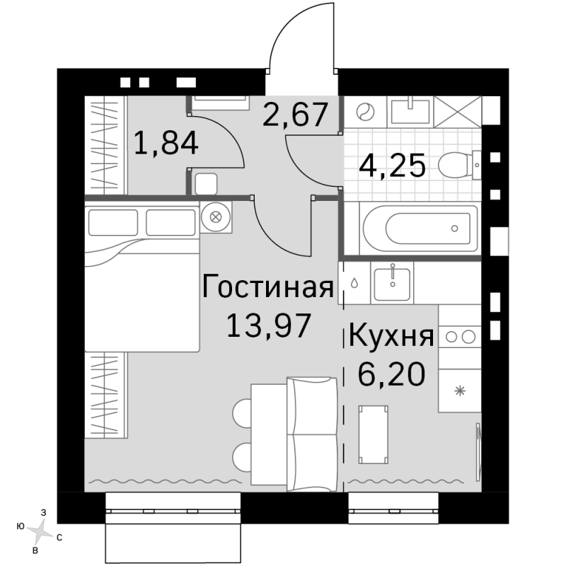 Студия 28,9 м²