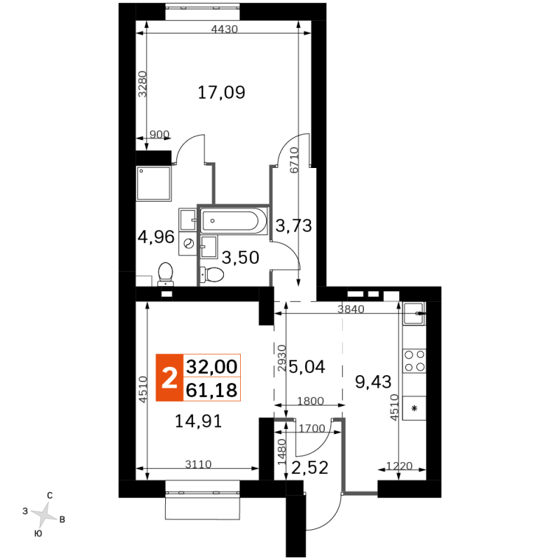 2 ккв (Евро) 61,2 м²