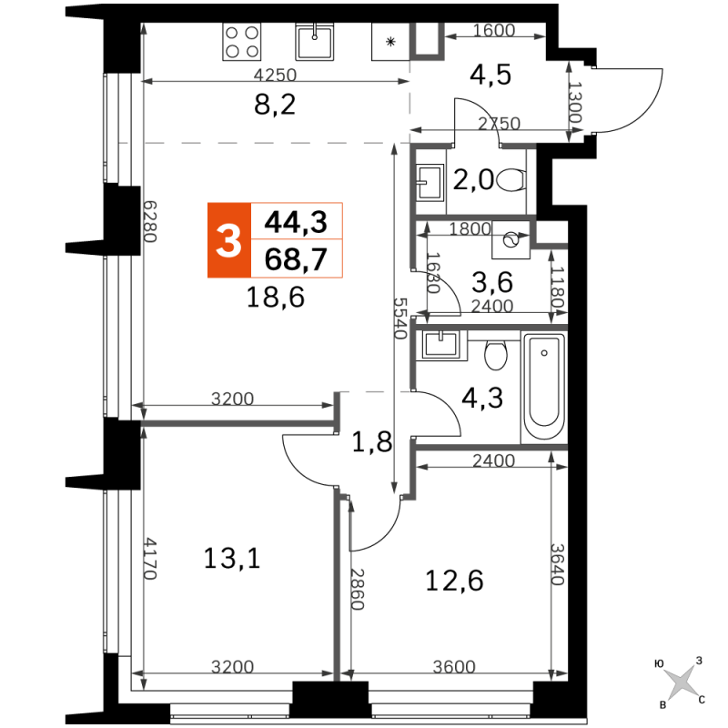 3 ккв (Евро) 68,7 м²