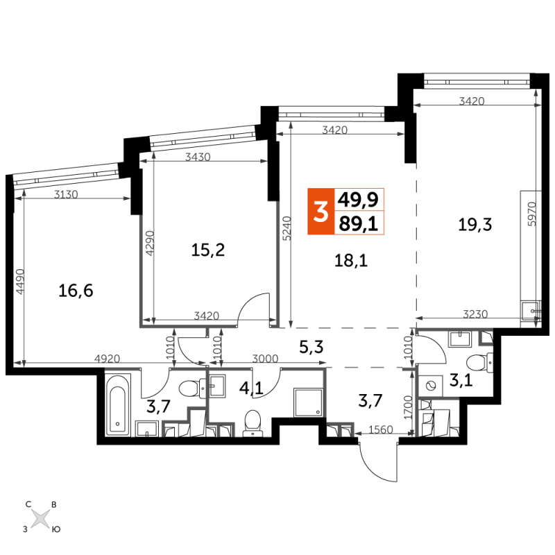 3 ккв (Евро) 89,1 м²