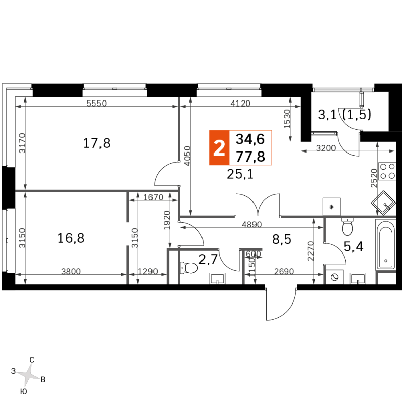 3 ккв (Евро) 76,8 м²