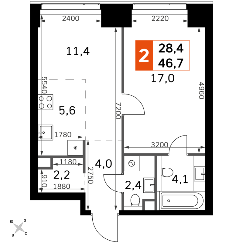 2 ккв (Евро) 46,7 м²