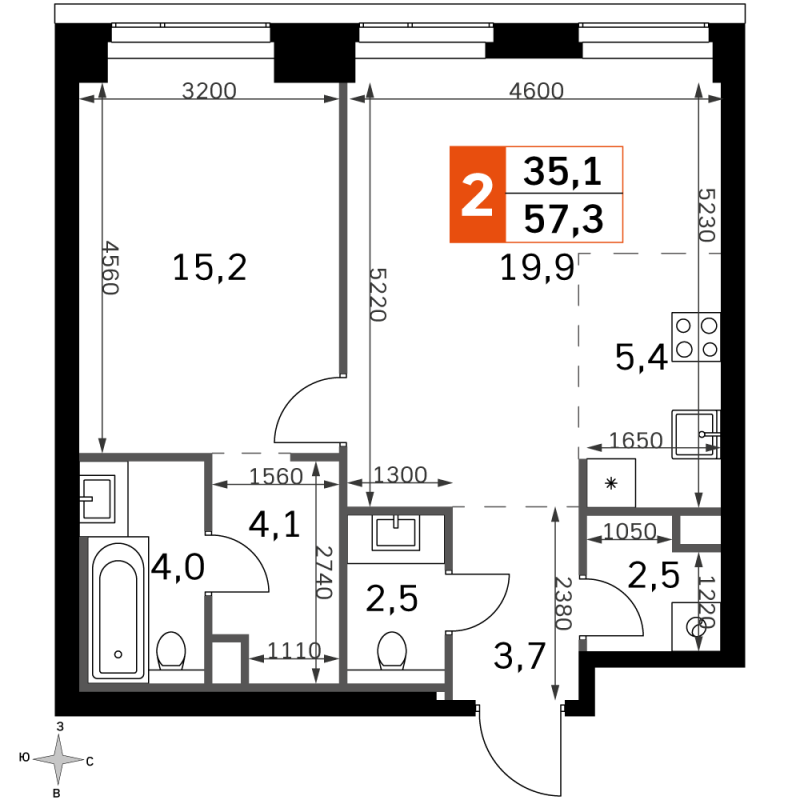 2 ккв (Евро) 57,3 м²