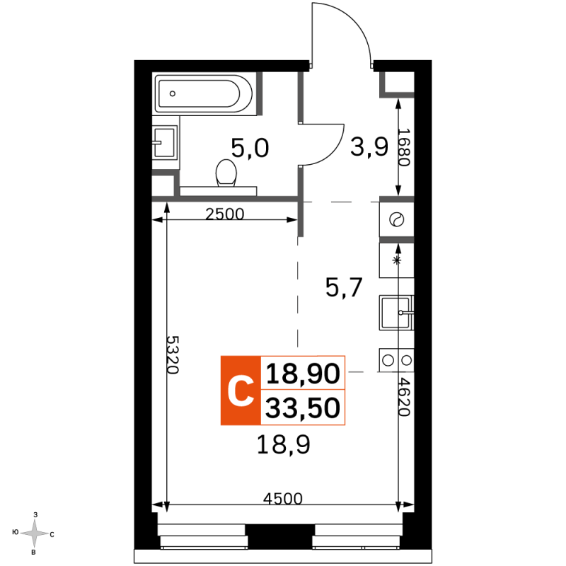 Студия 33,5 м²