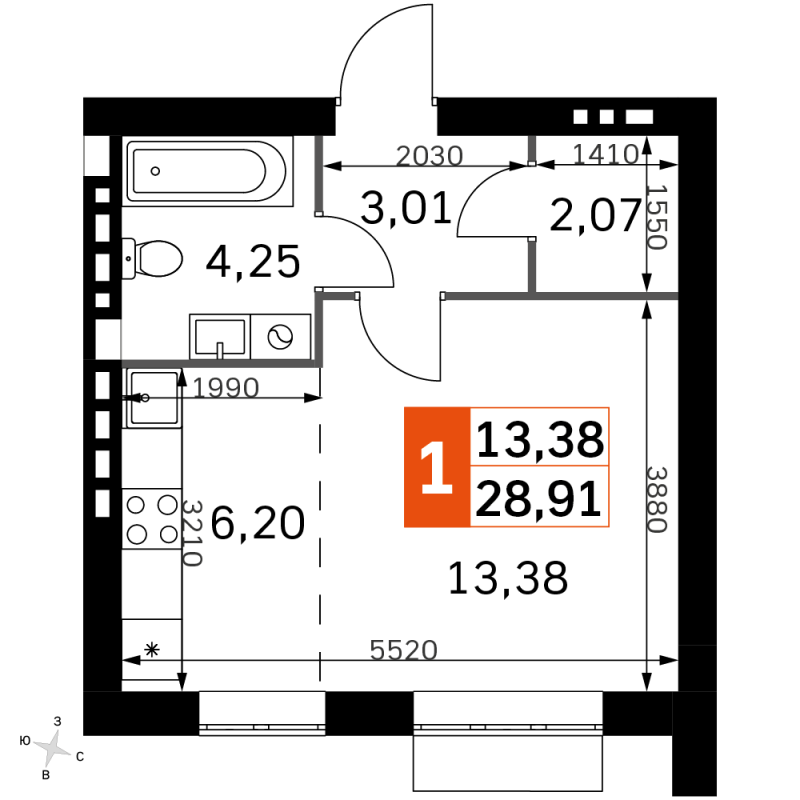 Студия 28,9 м²