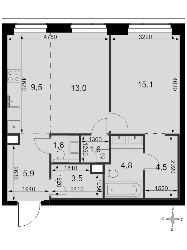 2 ккв (Евро) 59,5 м²