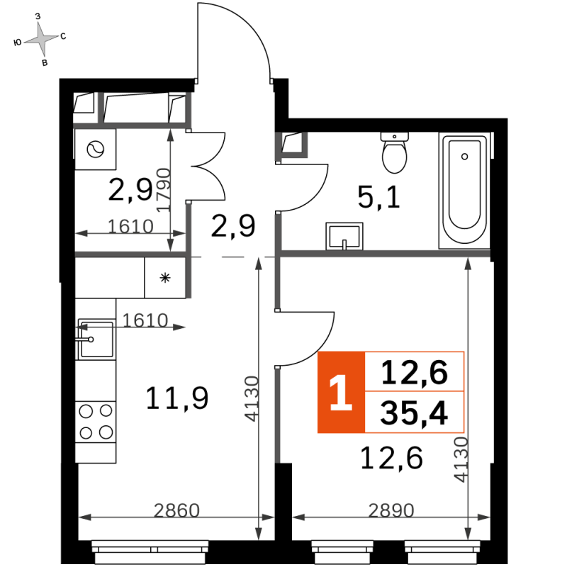 1 ккв 35,4 м²