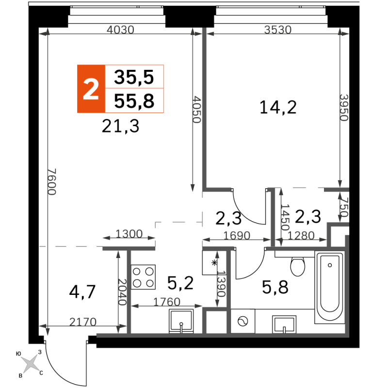 2 ккв (Евро) 55,8 м²