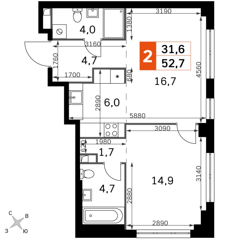 2 ккв (Евро) 52,7 м²