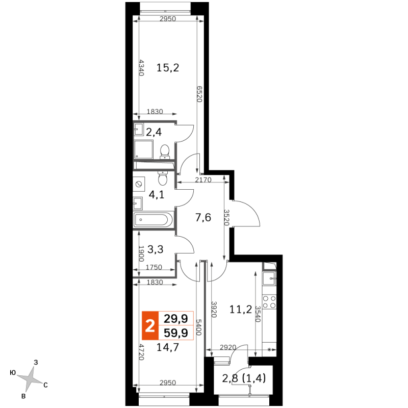2 ккв 59,9 м²