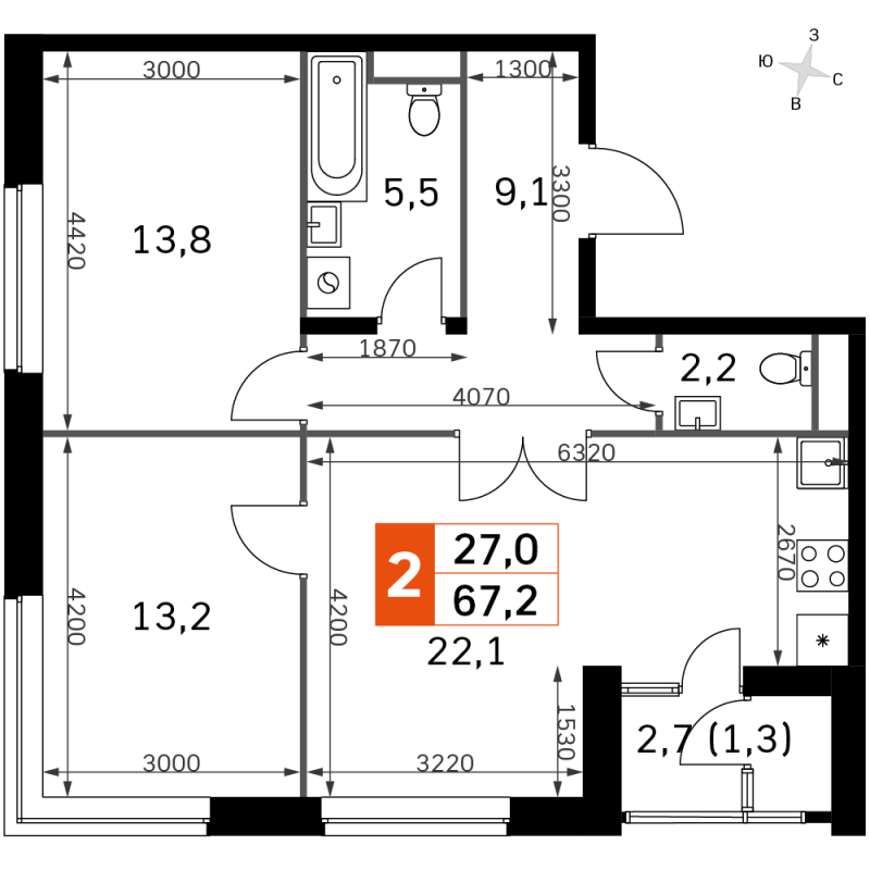 3 ккв (Евро) 66,4 м²