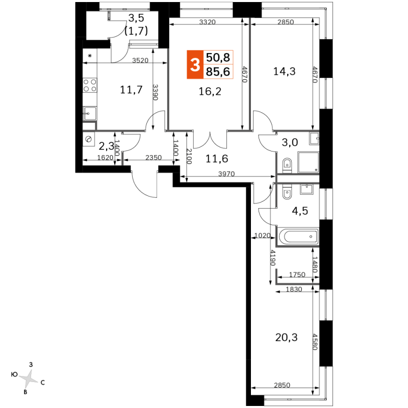3 ккв 85,8 м²