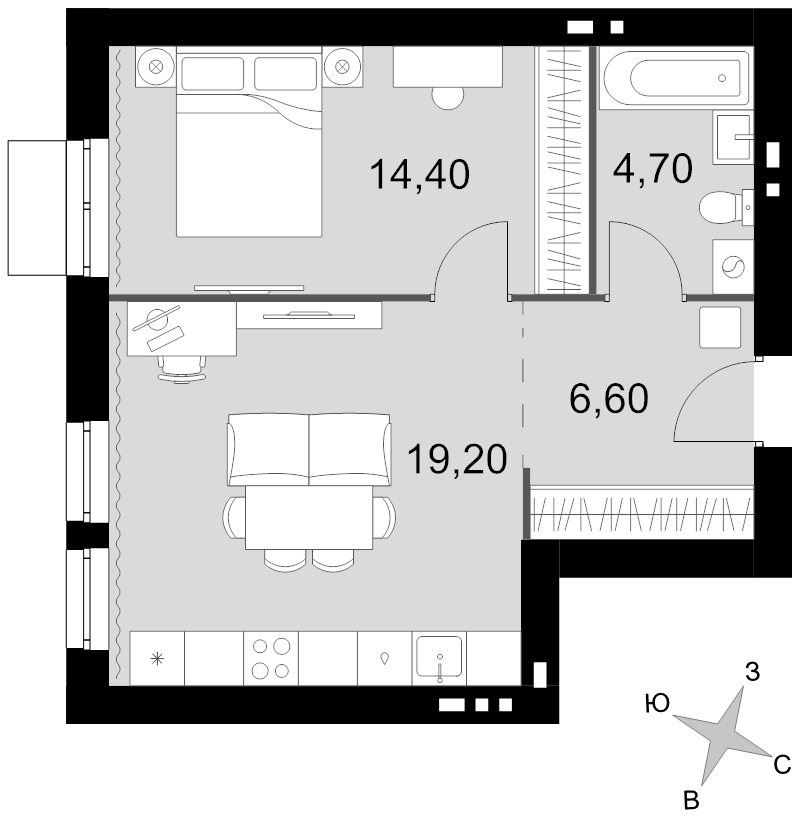 2 ккв (Евро) 44,9 м²