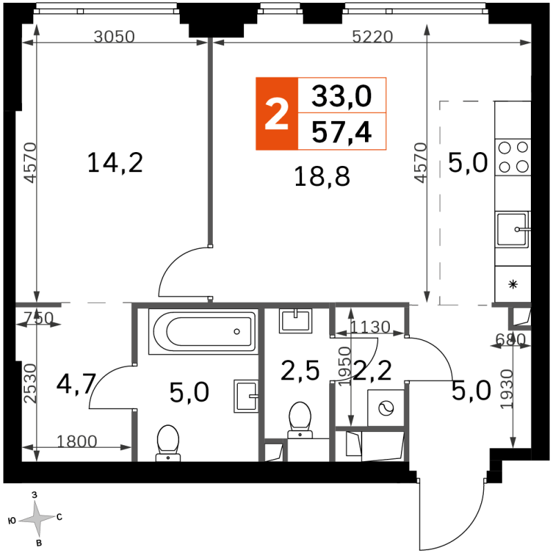 2 ккв (Евро) 57,4 м²