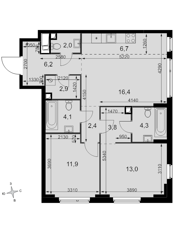 3 ккв (Евро) 73,7 м²