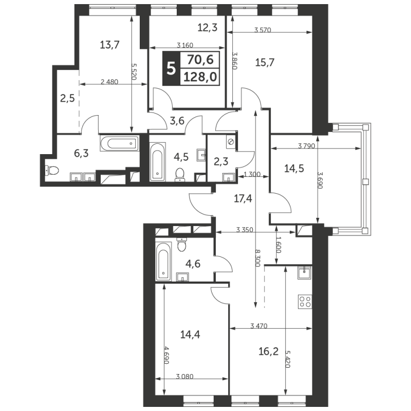 6 ккв (Евро) 128 м²