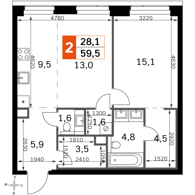 2 ккв (Евро) 59,5 м²