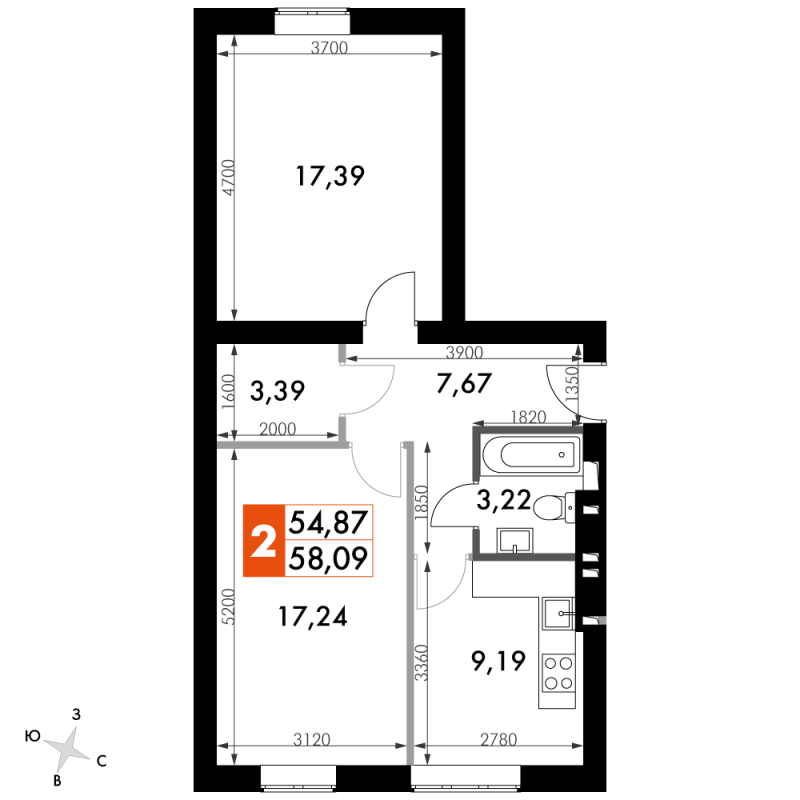 2 ккв 56,8 м²