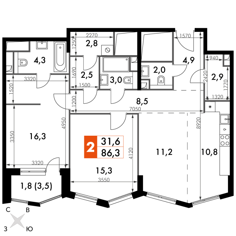 3 ккв (Евро) 86,3 м²